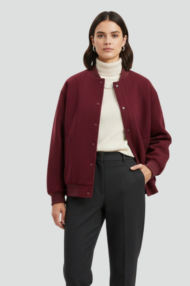 Women’s Varsity Jacket with Snap Closure and Ribbed Trim