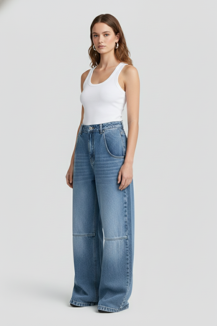 Women’s Wide-Leg Jeans with Button Fastening and Curved Front Pockets