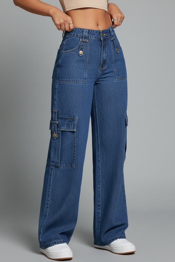 Women’s Cargo Trousers with Pockets and Woven Surface