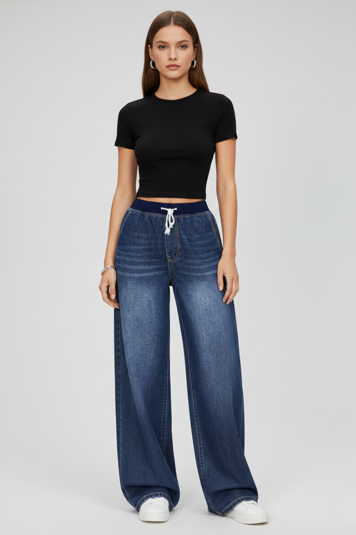 Women’s Wide-Leg Trousers with Drawstring Waist and Straight Fit