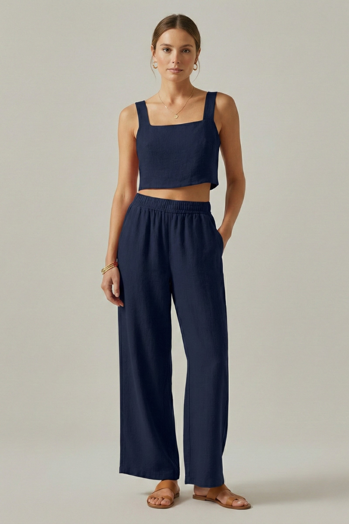 Women’s Two-Piece Set with Strap Top and Wide Trousers