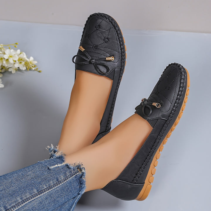 Ladies Casual Flat Penny-Loafer | All-Season, Synthetic faux leather with Bow Embellishment, Flannel Inner, TPR Sole, Non-Woven Insole