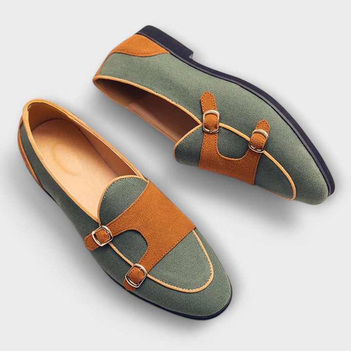 Vegan Suede Round-Toe Loafers With Gold Buckle