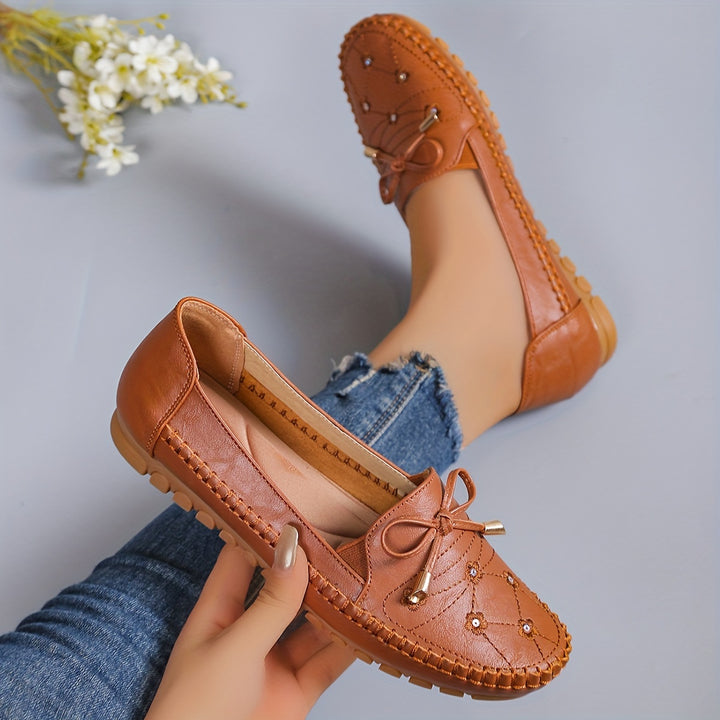 Ladies Casual Flat Penny-Loafer | All-Season, Synthetic faux leather with Bow Embellishment, Flannel Inner, TPR Sole, Non-Woven Insole