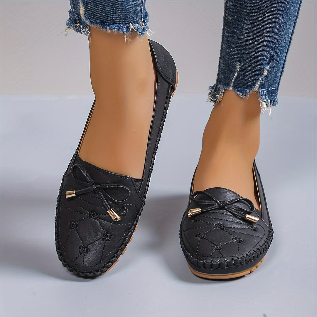 Ladies Casual Flat Penny-Loafer | All-Season, Synthetic faux leather with Bow Embellishment, Flannel Inner, TPR Sole, Non-Woven Insole
