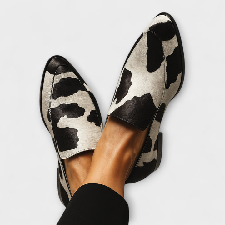 Black and White Cow Print Round-Toe Loafers