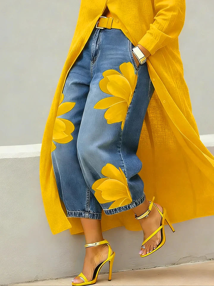 Longline Shirt & Floral Wide-Leg Jeans Set