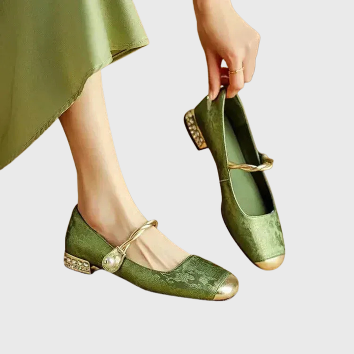 Pearl-Embellished Metallic Toe Mary Jane Flats