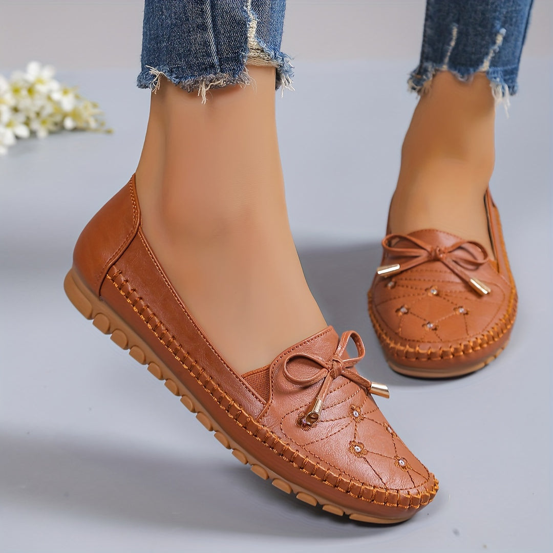 Ladies Casual Flat Penny-Loafer | All-Season, Synthetic faux leather with Bow Embellishment, Flannel Inner, TPR Sole, Non-Woven Insole