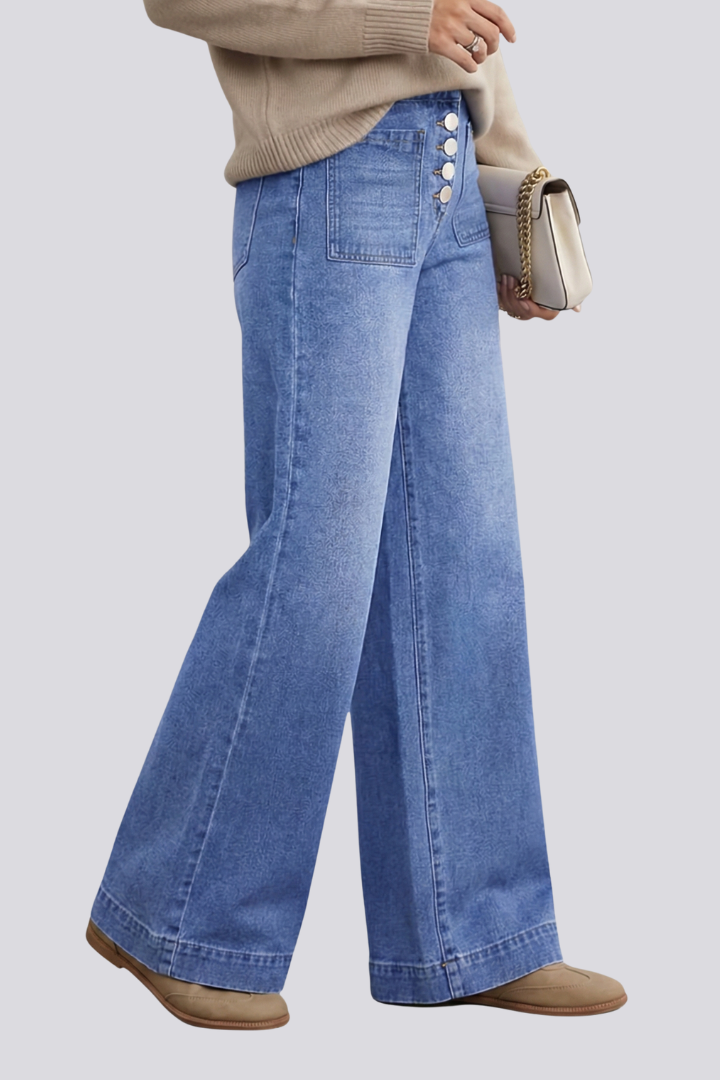 Women’s Wide-Leg Jeans with Button Front and Patch Pockets