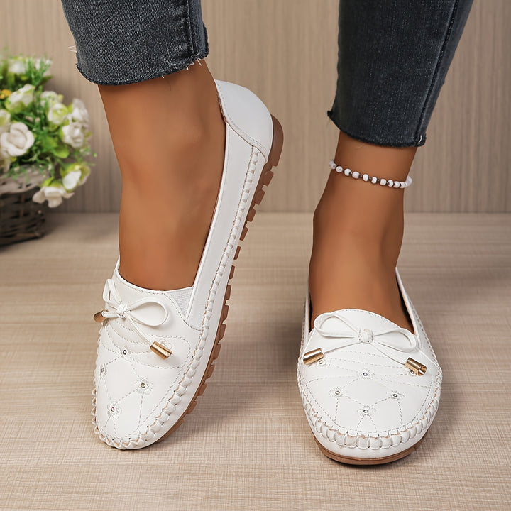 Ladies Casual Flat Penny-Loafer | All-Season, Synthetic faux leather with Bow Embellishment, Flannel Inner, TPR Sole, Non-Woven Insole