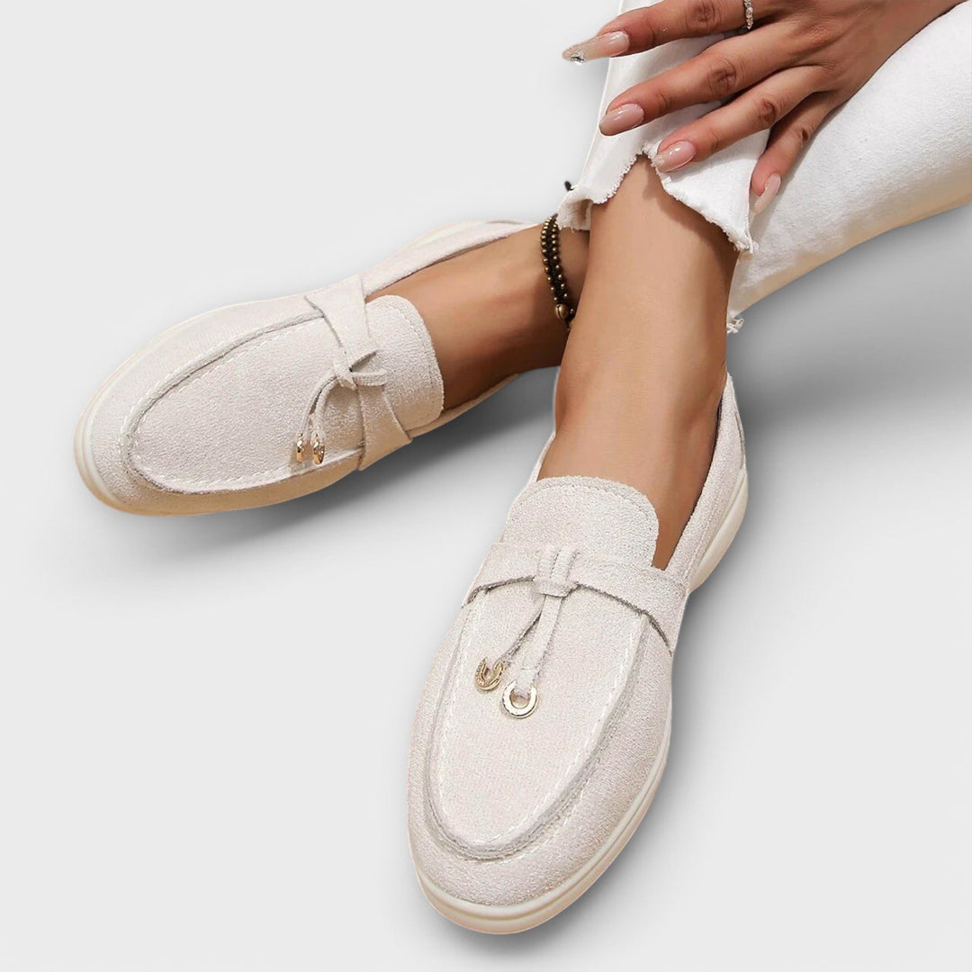 Beige Leather Round-Toe Loafers