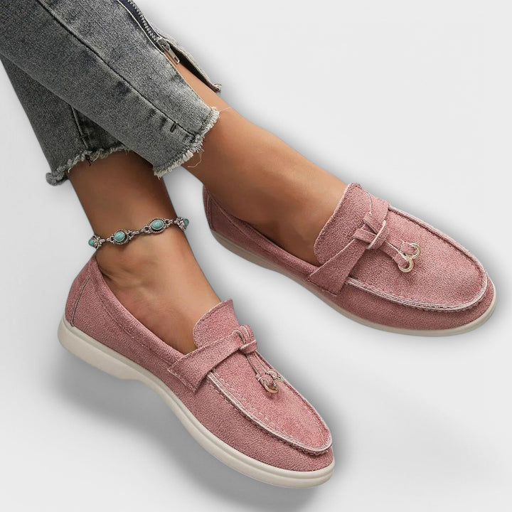 Beige Leather Round-Toe Loafers