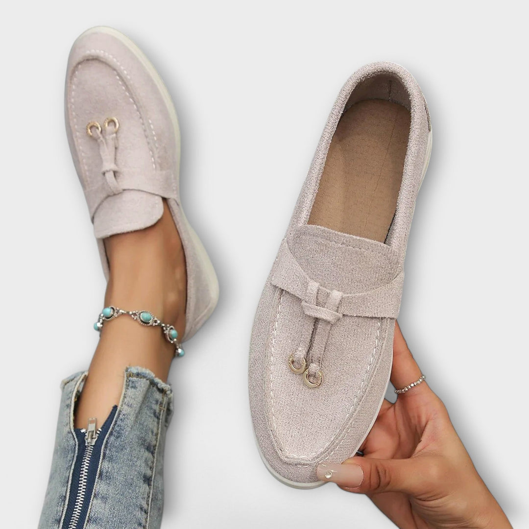 Beige Leather Round-Toe Loafers