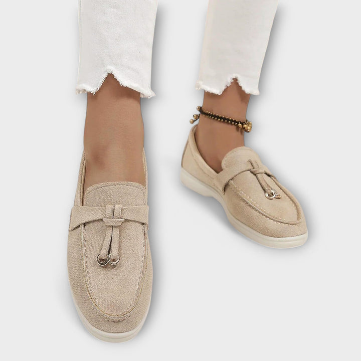 Beige Leather Round-Toe Loafers