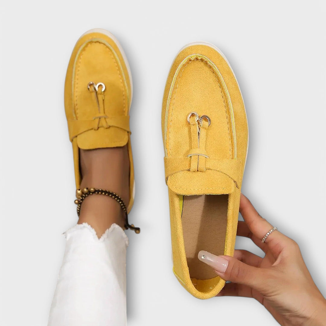 Beige Leather Round-Toe Loafers
