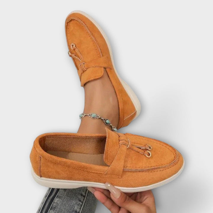 Beige Leather Round-Toe Loafers