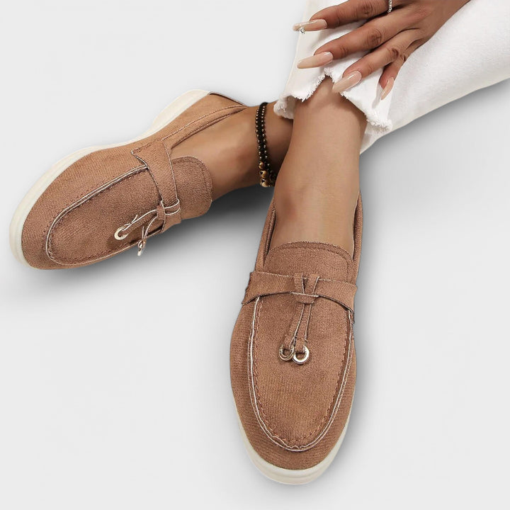 Beige Leather Round-Toe Loafers