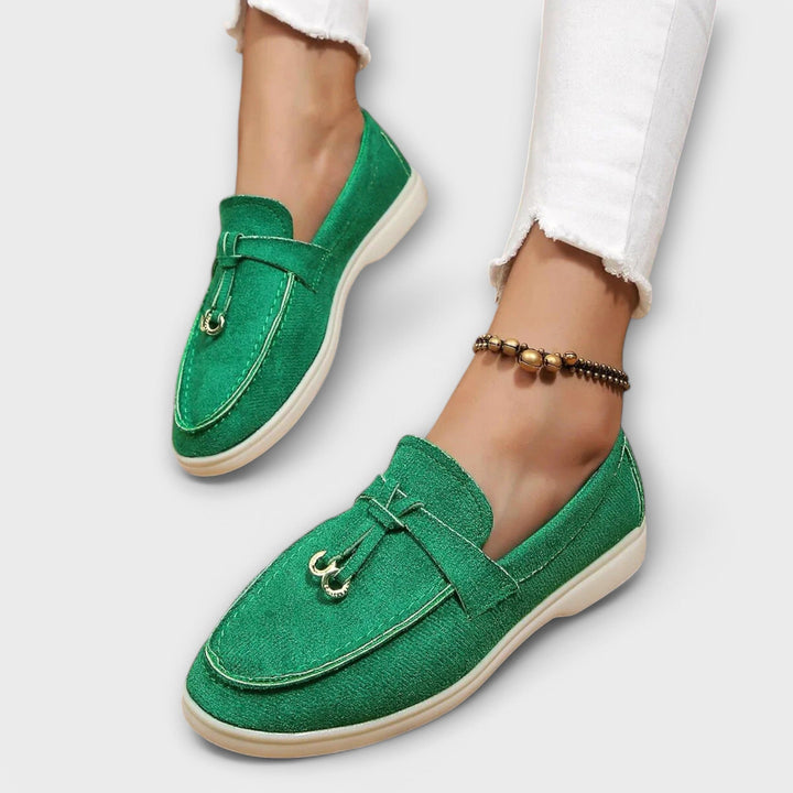 Beige Leather Round-Toe Loafers