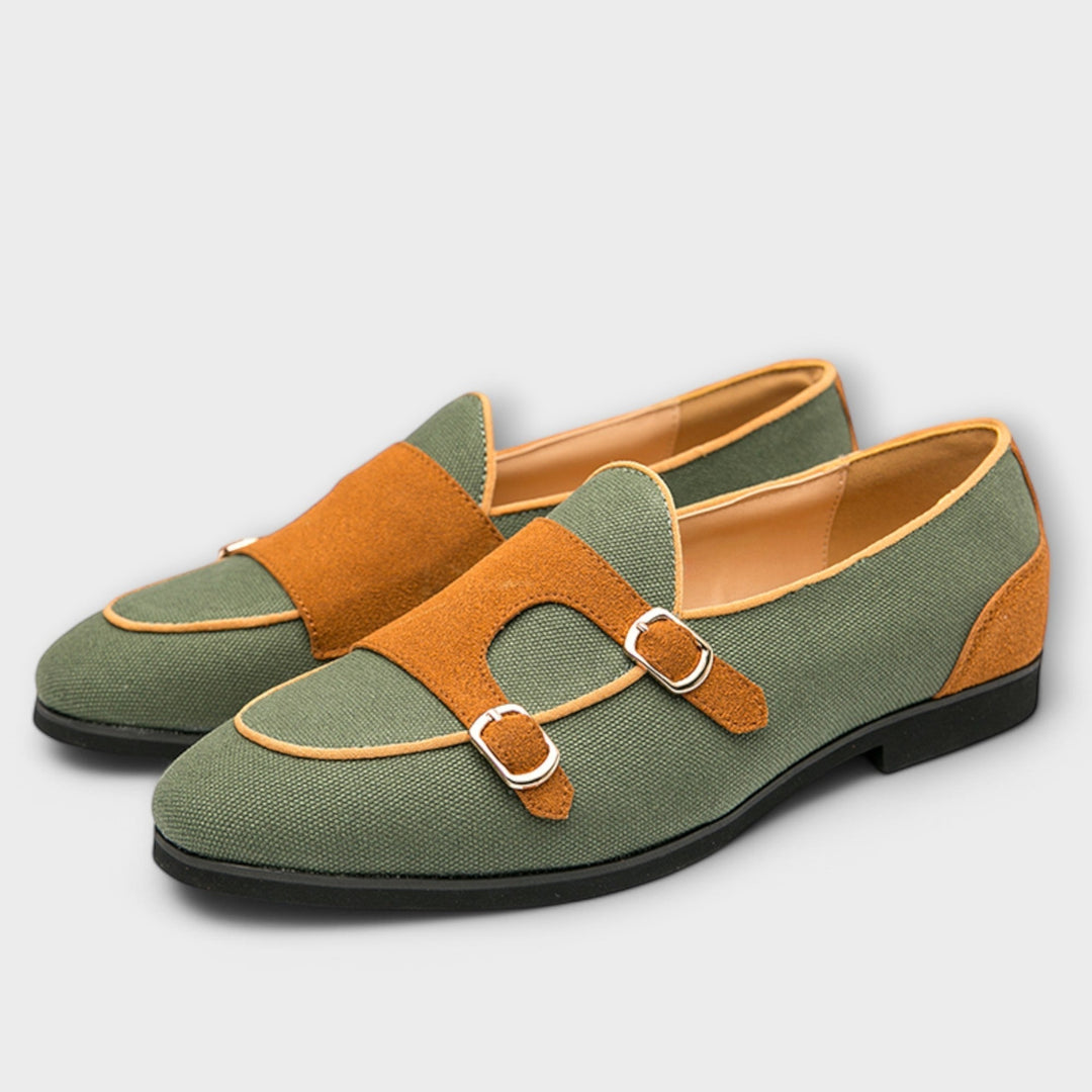 Vegan Suede Round-Toe Loafers With Gold Buckle