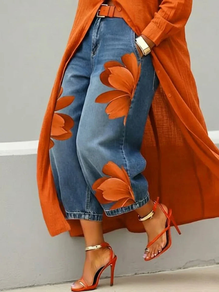 Longline Shirt & Floral Wide-Leg Jeans Set