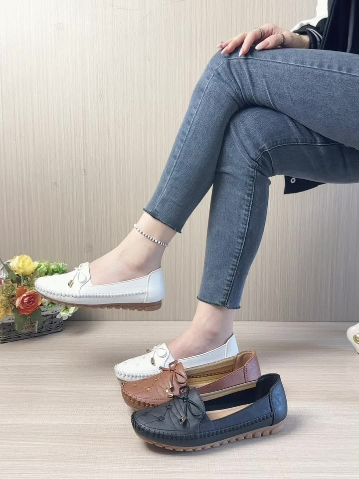 Ladies Casual Flat Penny-Loafer | All-Season, Synthetic faux leather with Bow Embellishment, Flannel Inner, TPR Sole, Non-Woven Insole