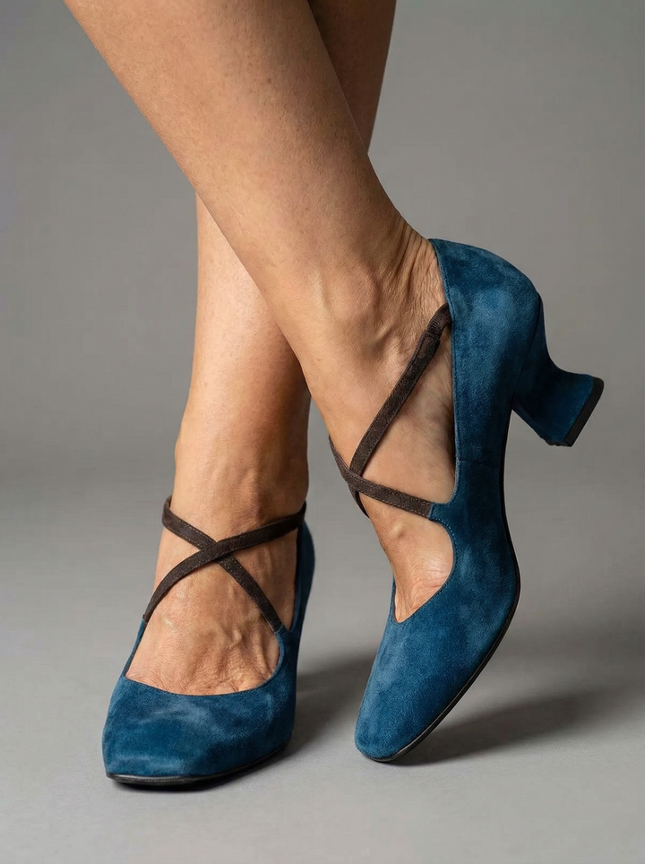 Velvet Cross-Strap Round-Toe Heels