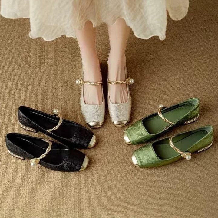 Pearl-Embellished Metallic Toe Mary Jane Flats