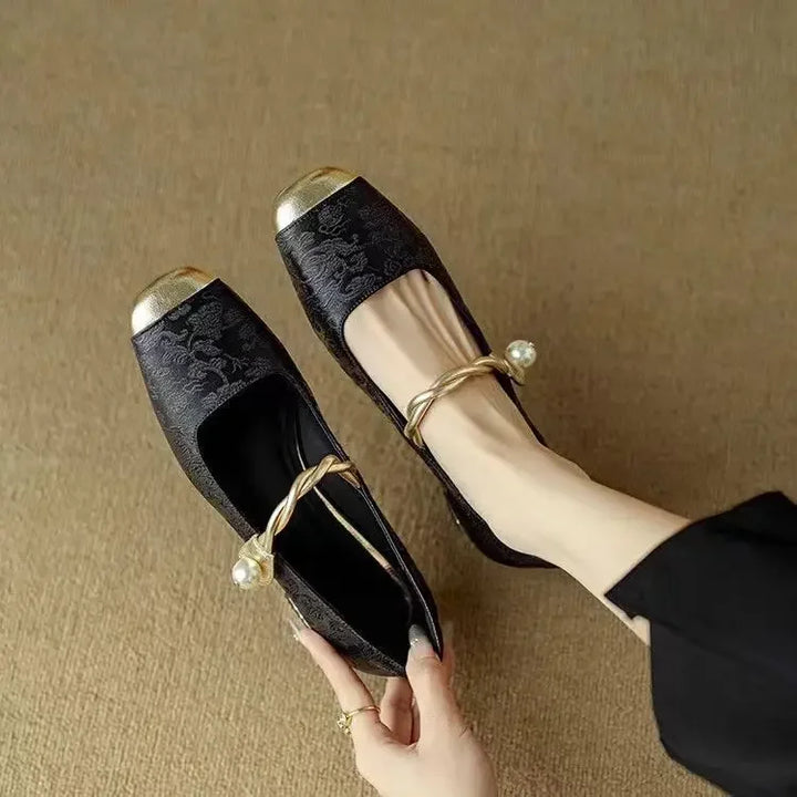 Pearl-Embellished Metallic Toe Mary Jane Flats