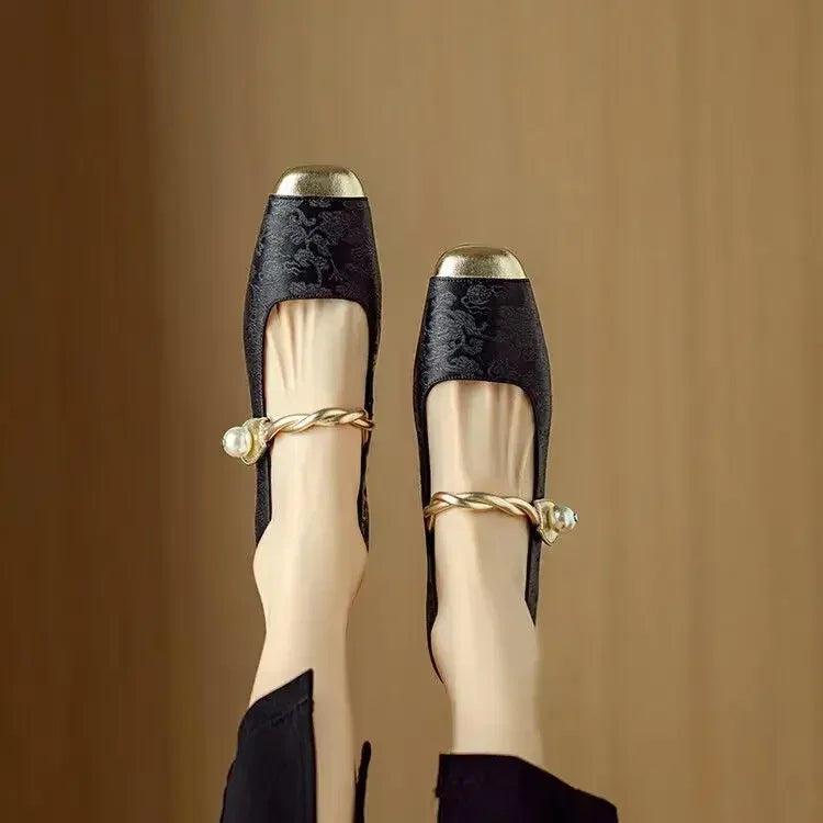 Pearl-Embellished Metallic Toe Mary Jane Flats