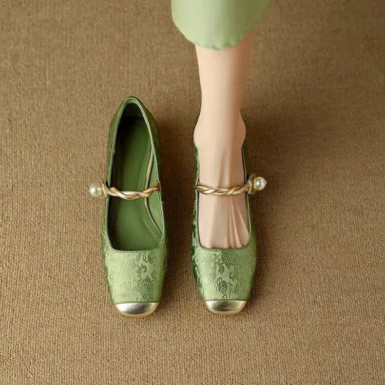 Pearl-Embellished Metallic Toe Mary Jane Flats