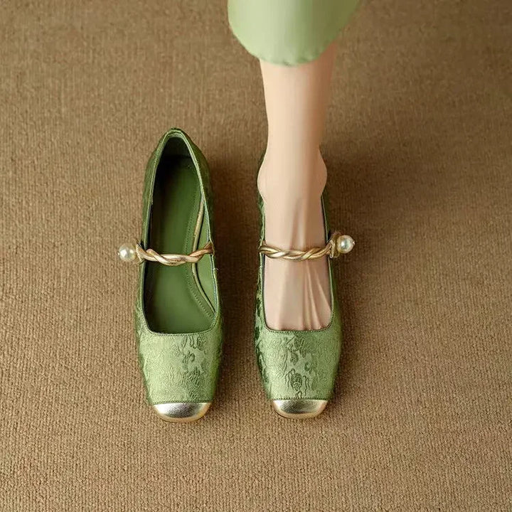 Pearl-Embellished Metallic Toe Mary Jane Flats