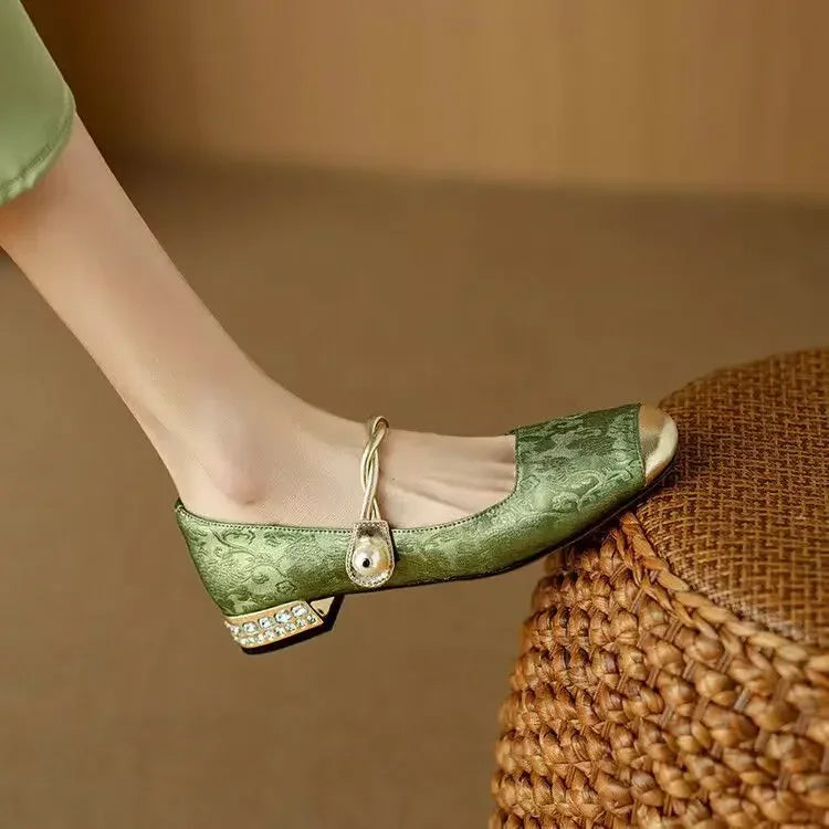 Pearl-Embellished Metallic Toe Mary Jane Flats