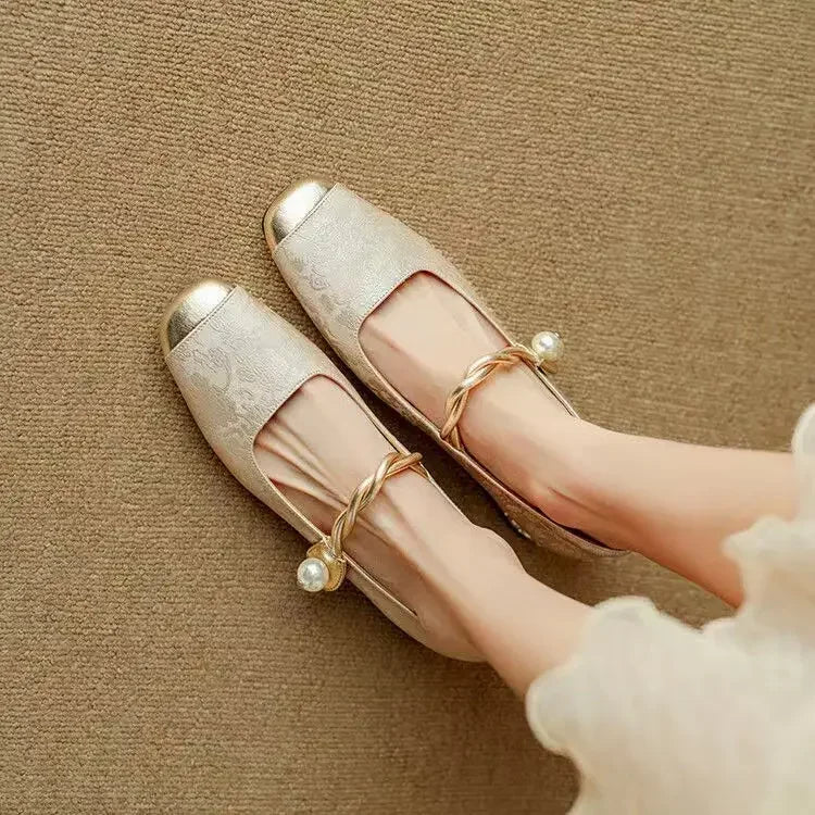 Pearl-Embellished Metallic Toe Mary Jane Flats
