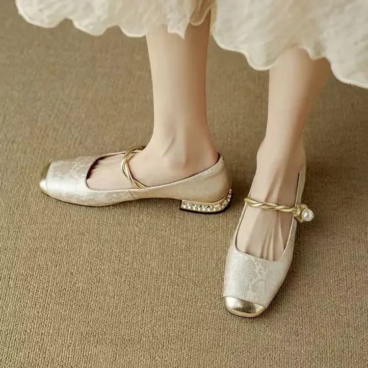 Pearl-Embellished Metallic Toe Mary Jane Flats