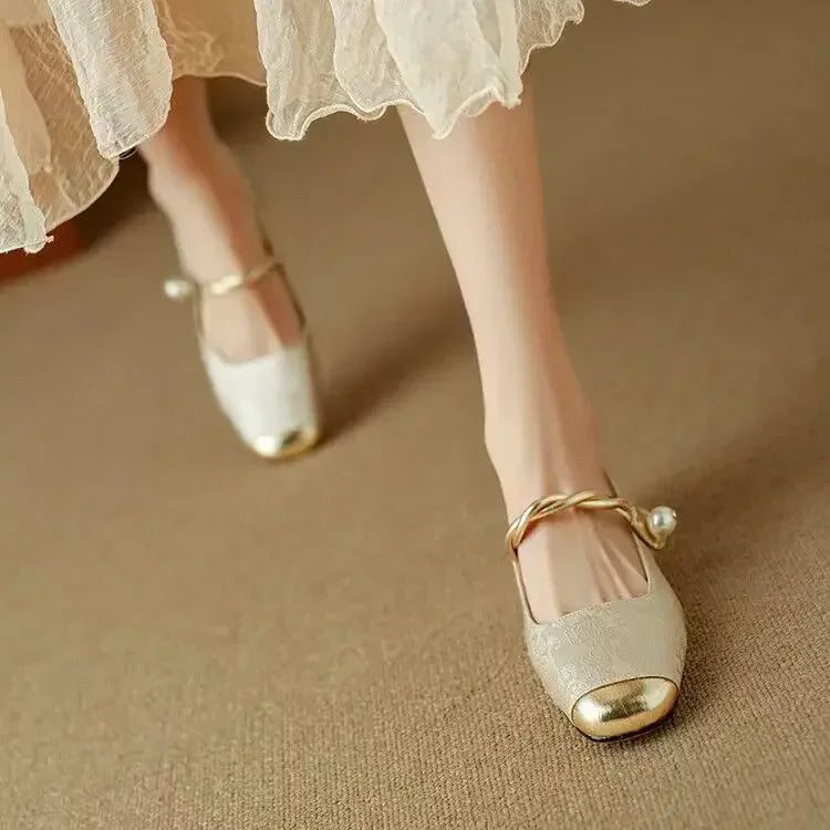 Pearl-Embellished Metallic Toe Mary Jane Flats