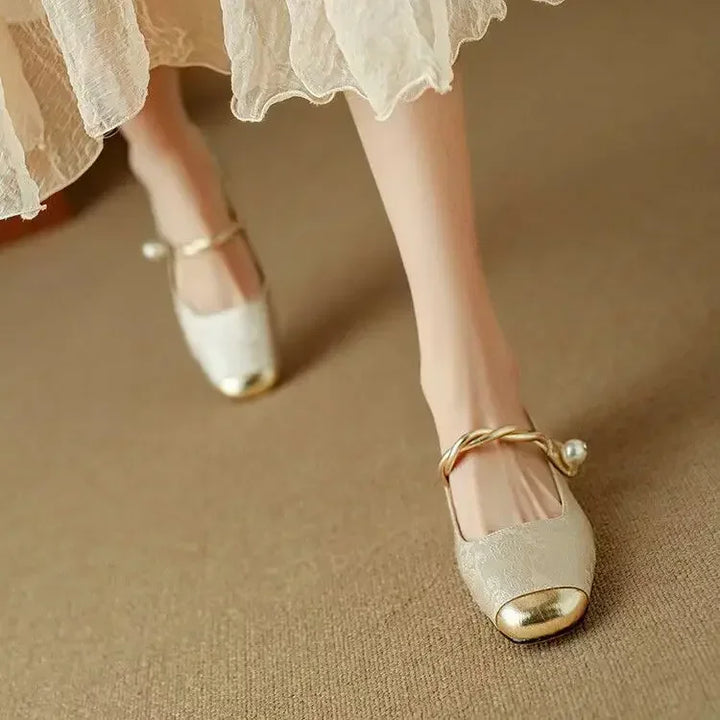 Pearl-Embellished Metallic Toe Mary Jane Flats