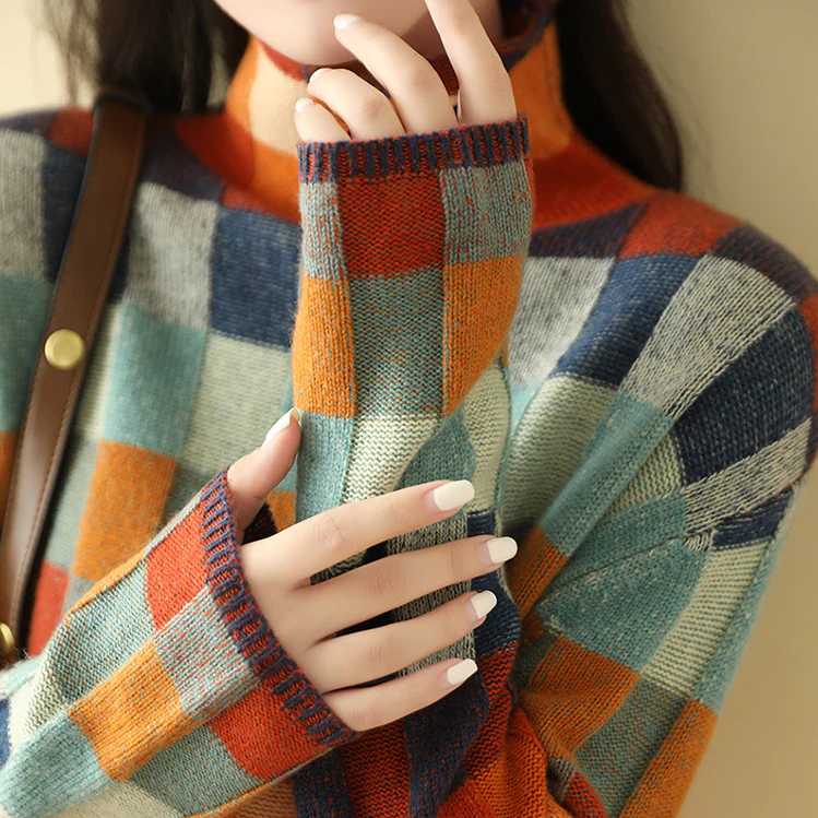 Checked Cashmere Mock-Neck Jumper