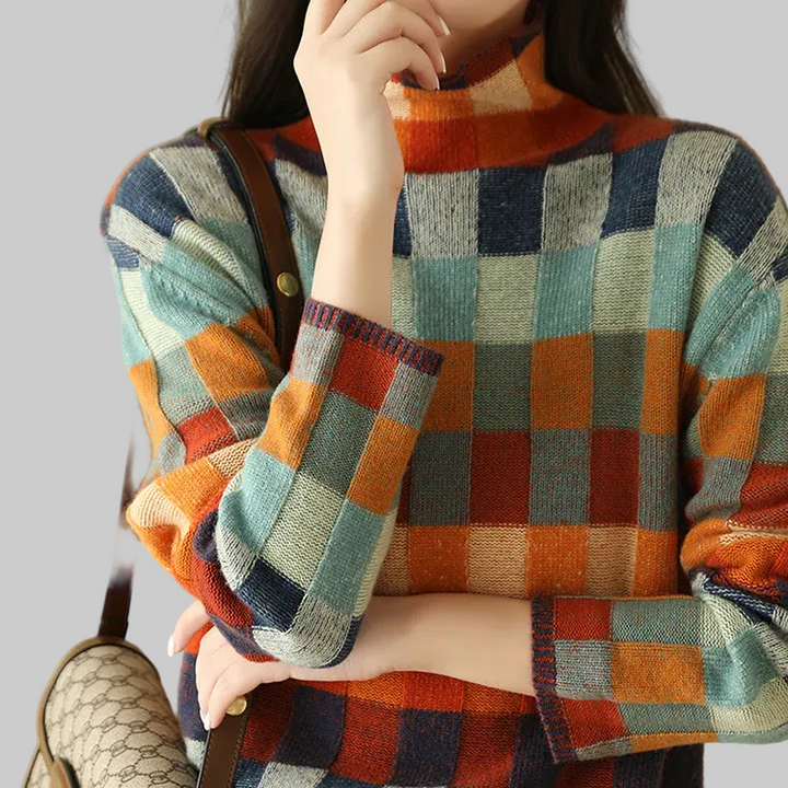 Checked Cashmere Mock-Neck Jumper