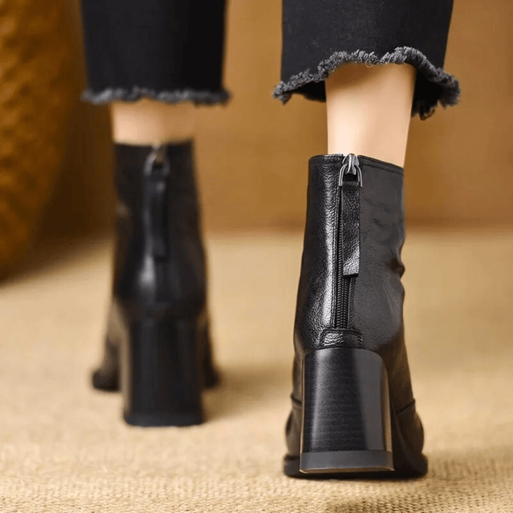 Mid-Heel Leather Ankle Boots
