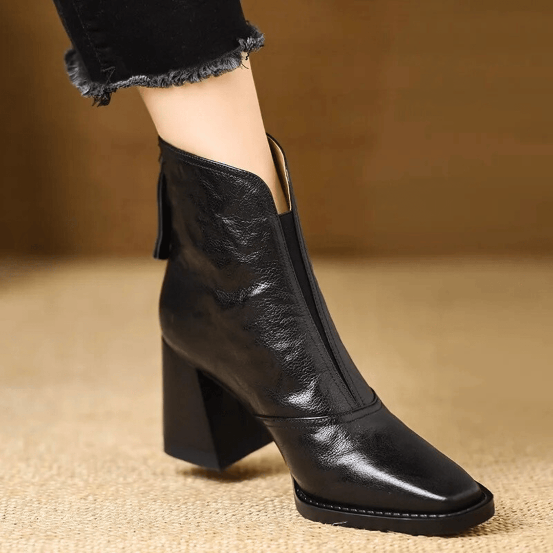 Mid-Heel Leather Ankle Boots